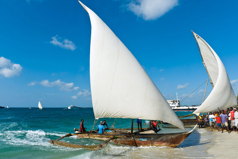 Dhow race contenders reaching the shore of Stone Town